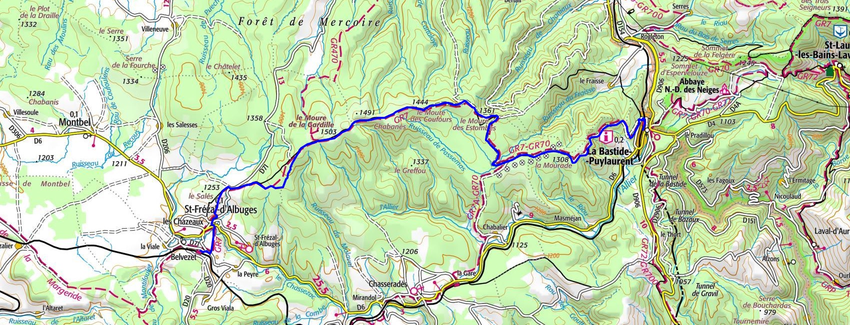 IGN Randonnée de 19km depuis Belvezet à La Bastide-Puylaurent en Lozère