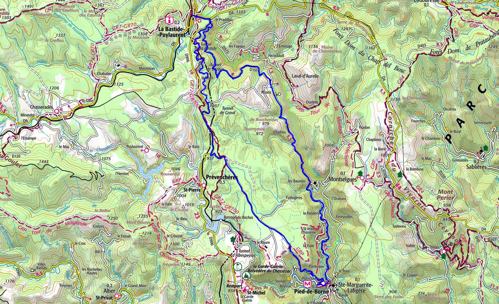IGN 41,5km biking loop at La Bastide-Puylaurent in Lozere