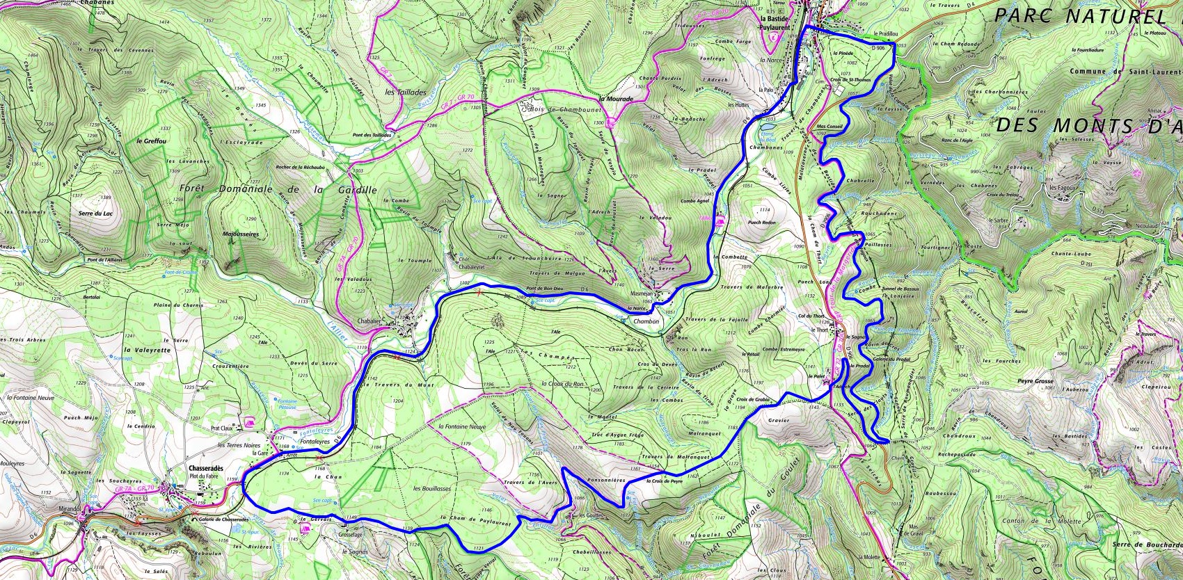 IGN 25km biking loop at La Bastide-Puylaurent in Lozere
