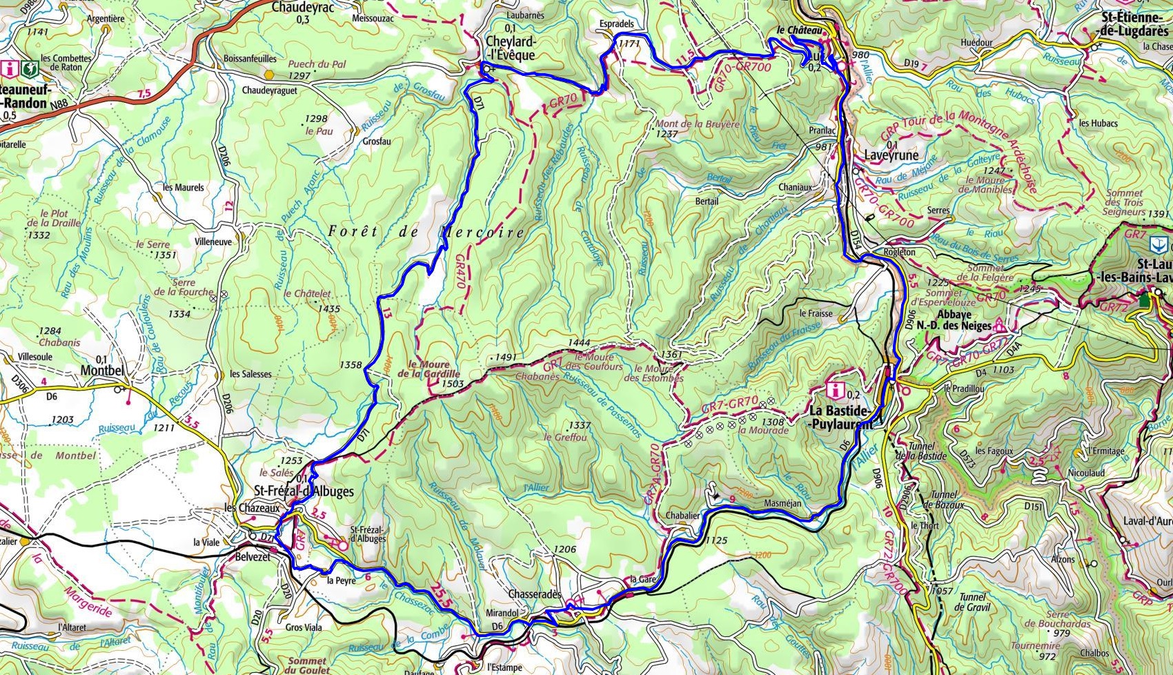 IGN 50km biking loop at La Bastide-Puylaurent in Lozere
