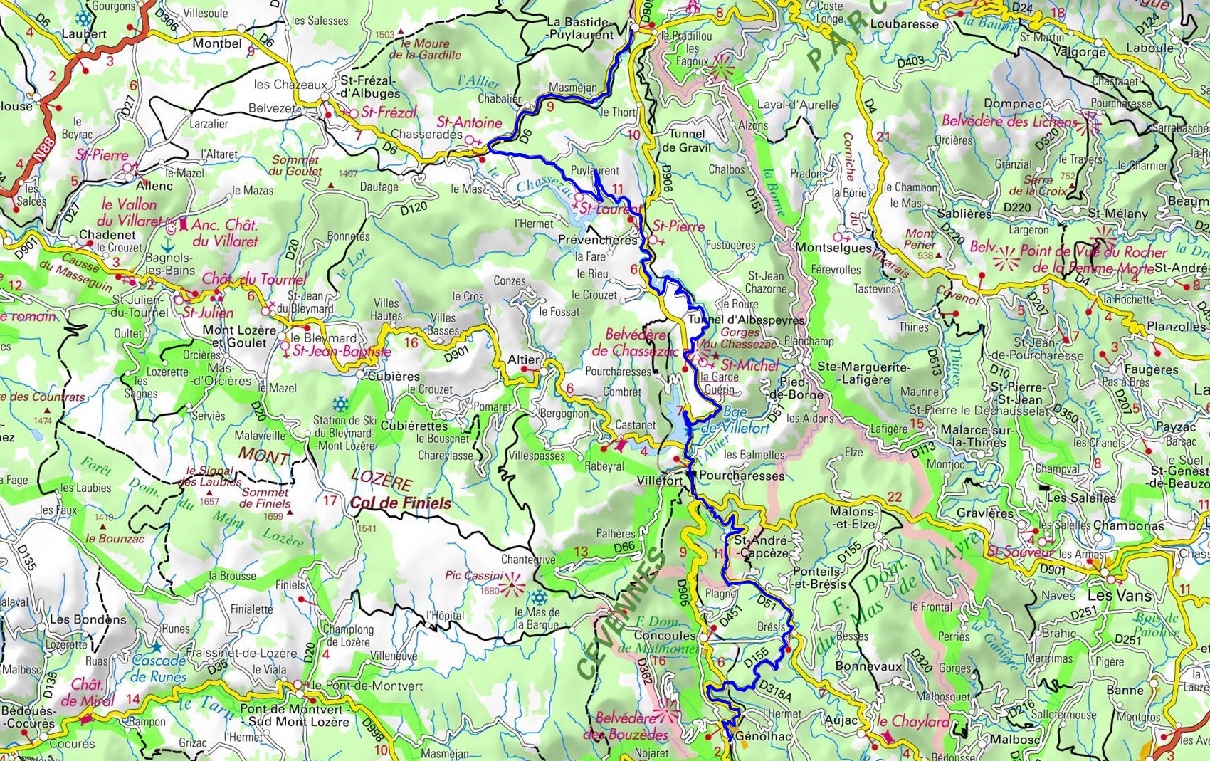 IGN 57,5km biking loop at La Bastide-Puylaurent in Lozere