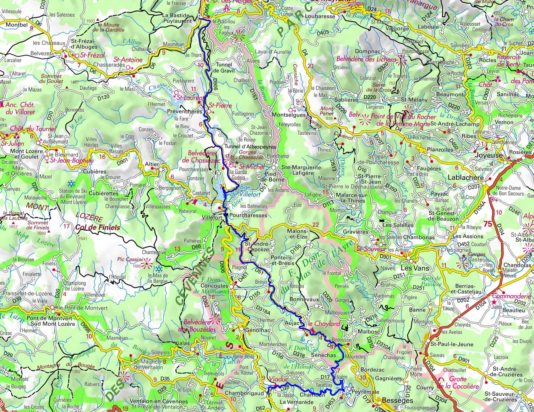 IGN 64,6km biking loop at La Bastide-Puylaurent in Lozere
